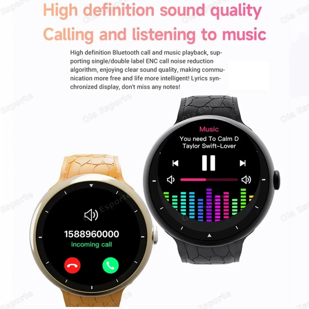 Amoled Bluetooth call smart watch fitness tracker in black with crocodile-patterned strap and music playback display