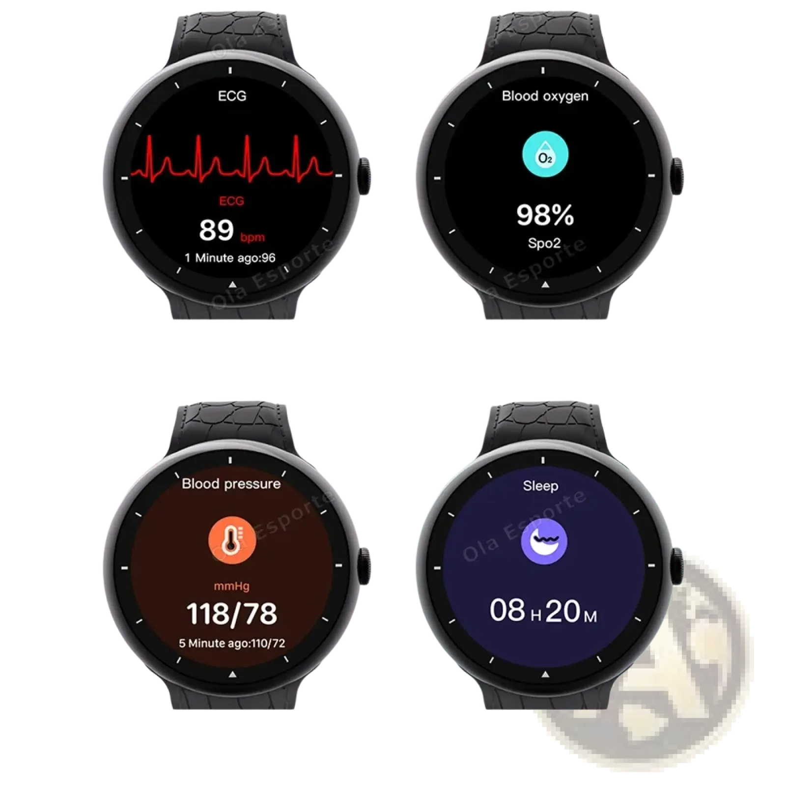 Black amoled bluetooth call smart watch with textured strap and circular display showing ecg and health metrics