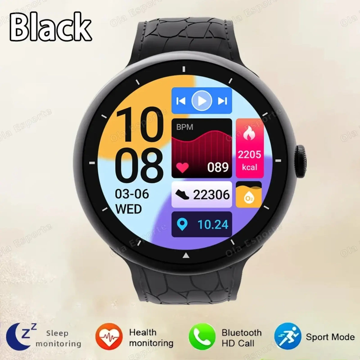 Black amoled bluetooth call smart watch fitness tracker with textured silicone strap and circular fitness display