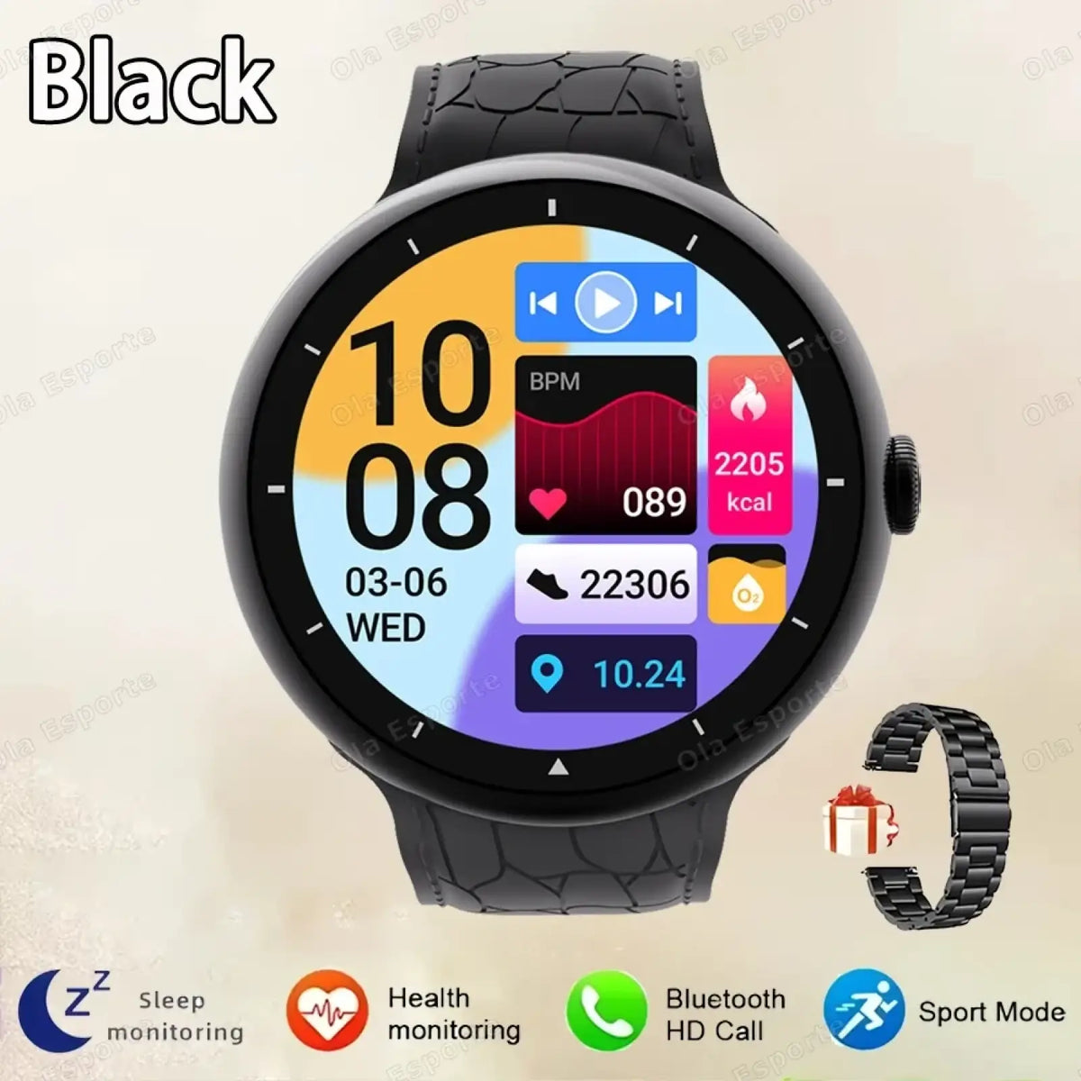 Black amoled bluetooth call smart watch fitness tracker with textured silicone strap and circular touchscreen displaying metrics