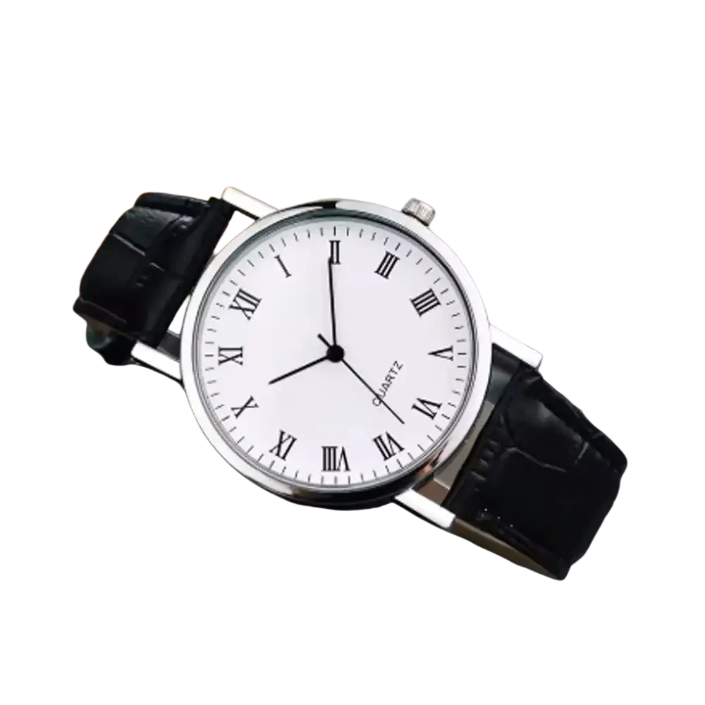 Amoled bluetooth call smart watch with classic silver-toned quartz case, white dial, black roman markers, and leather strap