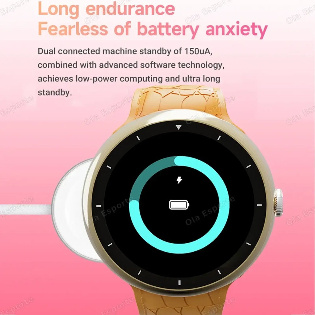 Gold-tone amoled bluetooth call smart watch with textured light brown leather strap and circular digital battery display