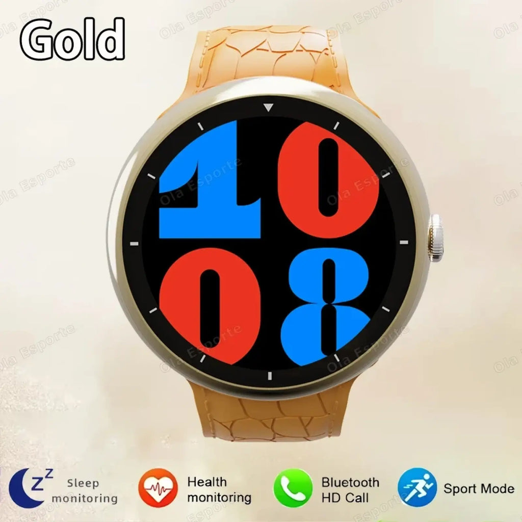 Gold-tone amoled bluetooth call smart watch with tan crocodile-patterned leather strap and bold digital display