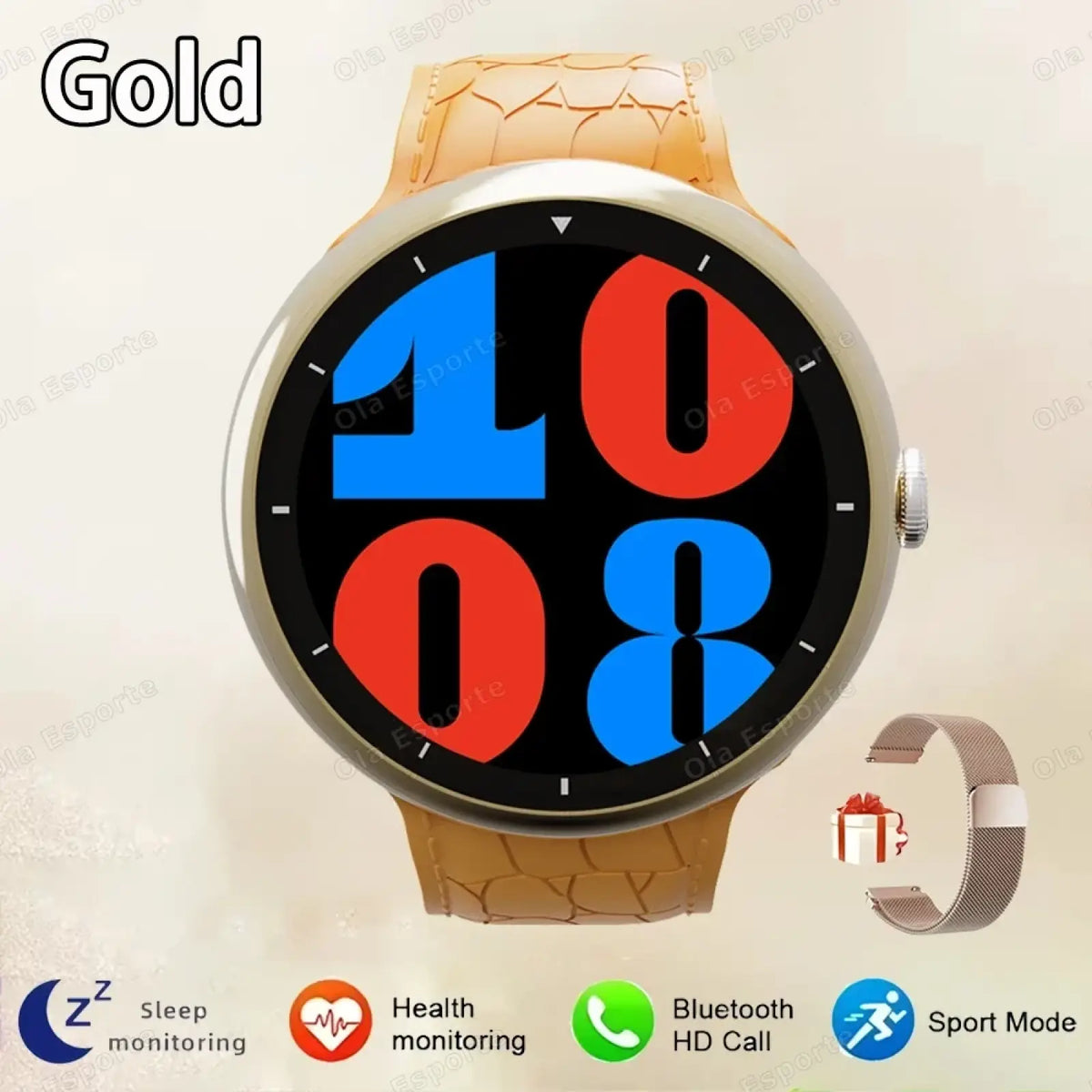 Gold-tone amoled bluetooth call smart watch with tan crocodile-patterned leather strap and colorful 10:08 display