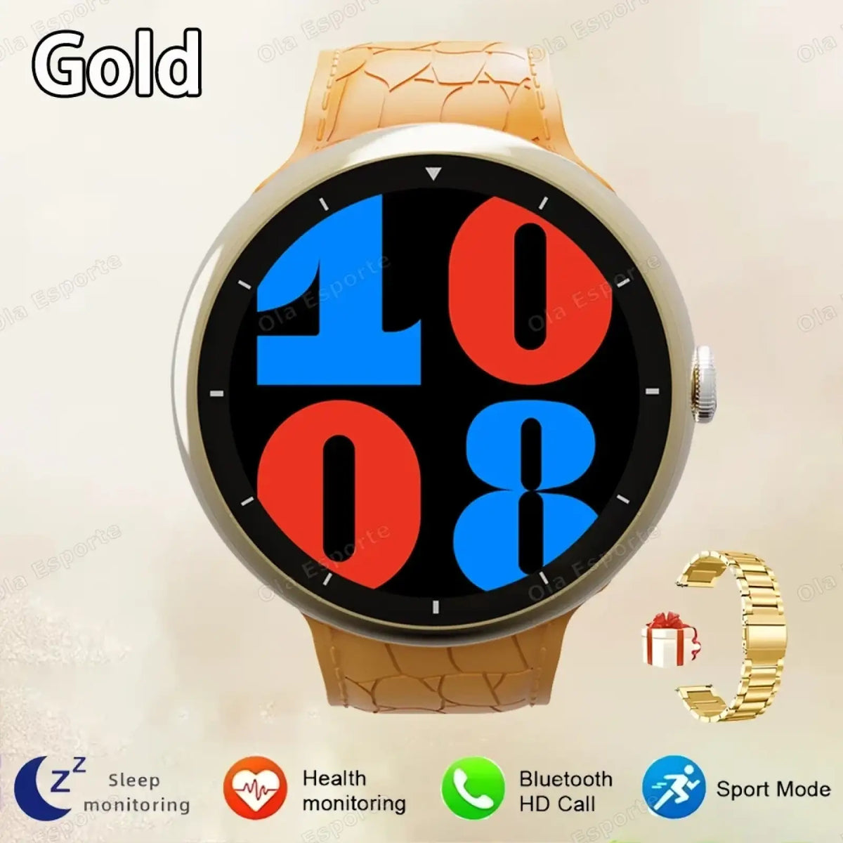 Gold amoled bluetooth call smart watch with tan crocodile-pattern leather strap and bold red and blue digital display