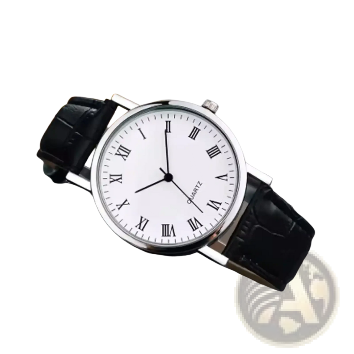 Amoled bluetooth call smart watch with classic silver-toned quartz case, white dial, black roman markers, and leather strap