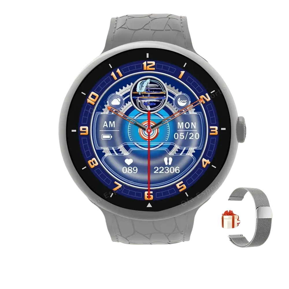 Silver amoled bluetooth call smart watch with gray textured strap and blue digital display with orange hour markers