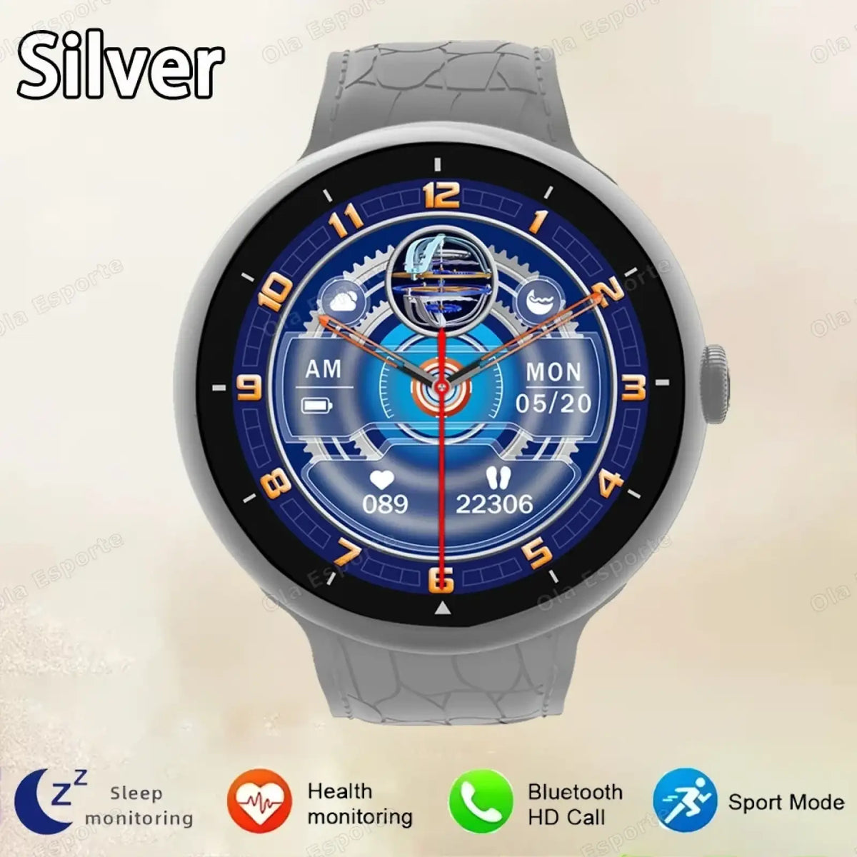 Silver amoled bluetooth call smart watch with gray textured strap and circular digital display with blue orange accents
