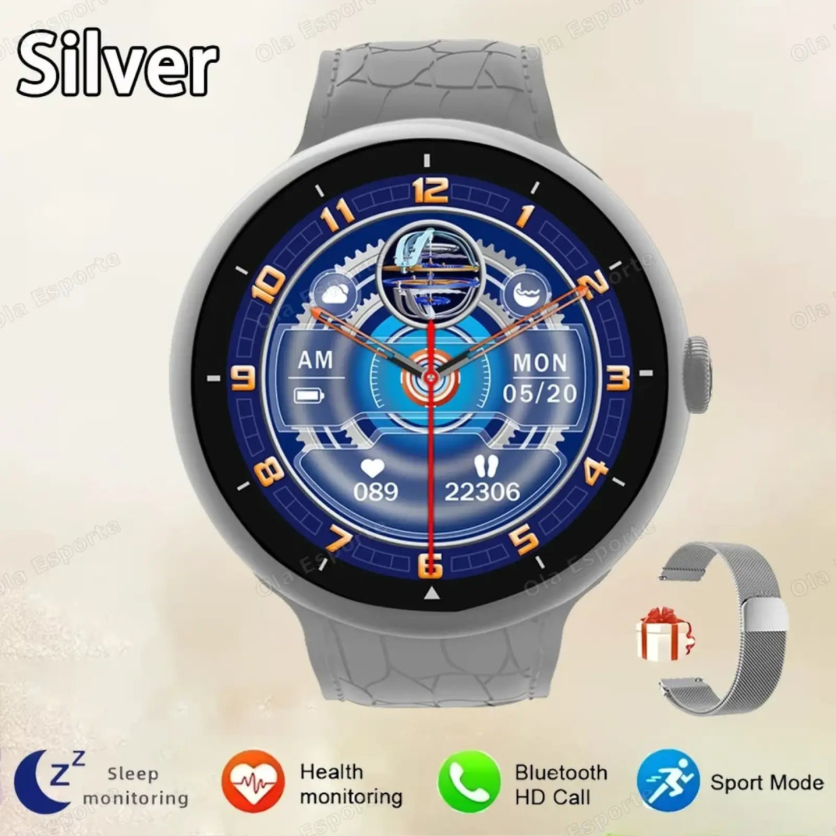 Silver amoled bluetooth call smart watch with gray textured strap and blue digital display with orange hour markers