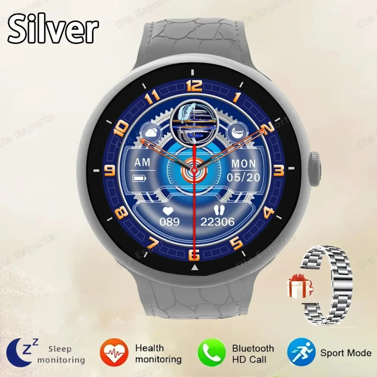 Amoled bluetooth call smart watch fitness tracker with silver case gray textured strap and blue health display