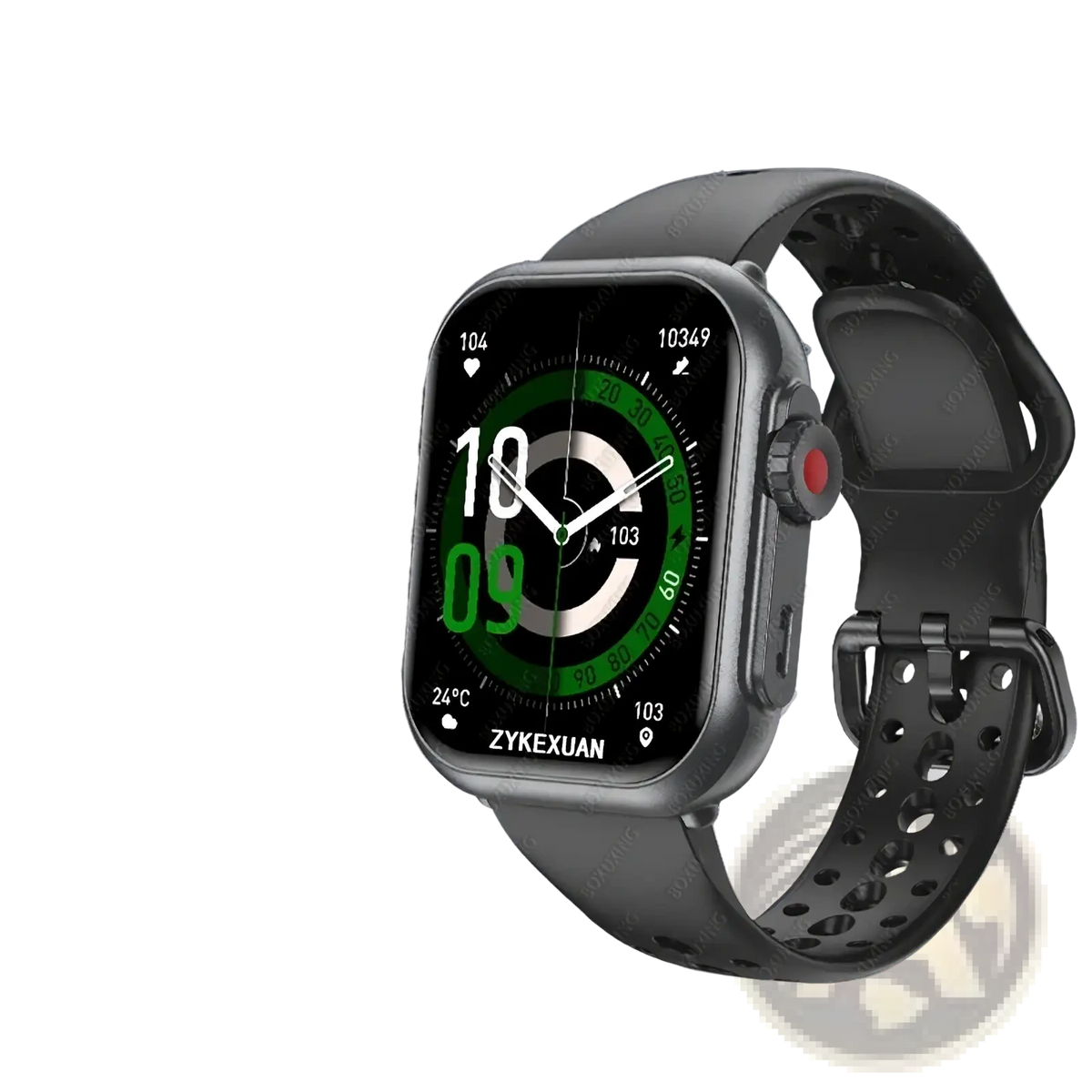 Black sporty amoled bluetooth smartwatch with 1.83-inch hd screen and perforated band compatible with android and ios