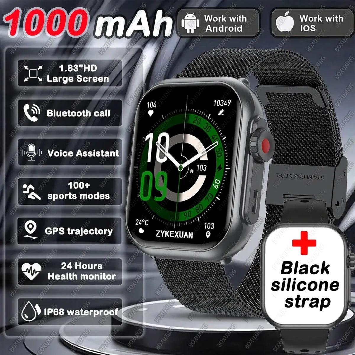 Black silicone strap amoled bluetooth smartwatch with 1.83 inch hd screen stainless steel case android compatible