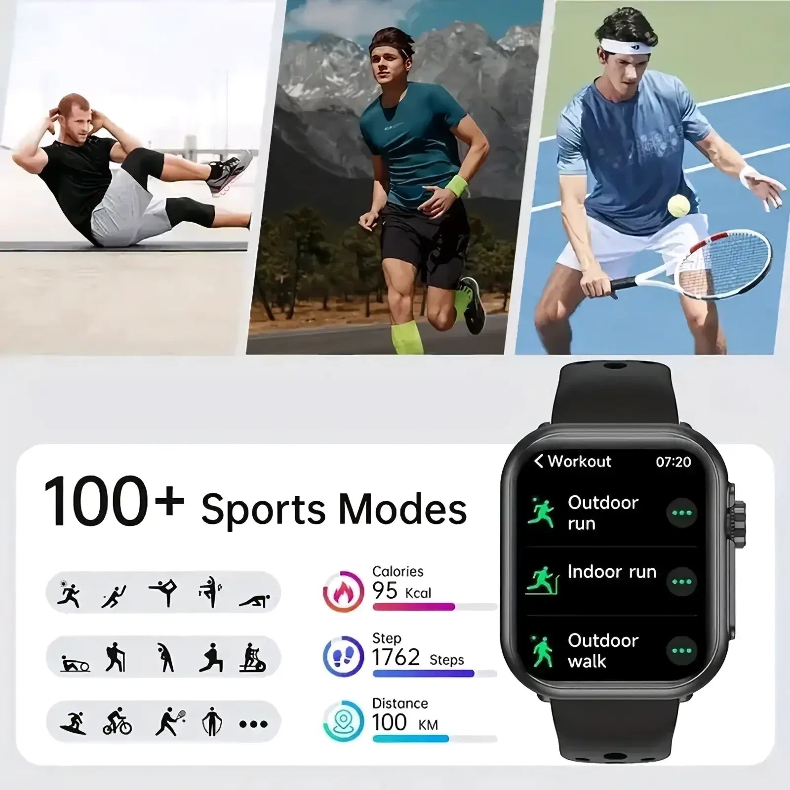 Black amoled bluetooth smartwatch fitness tracker with rectangular screen displaying workout metrics and sport mode icons