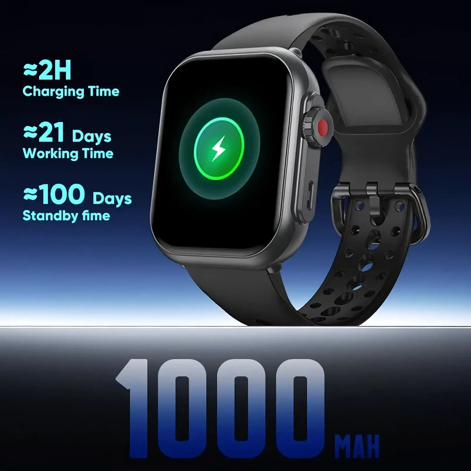 Black amoled bluetooth smartwatch with sleek metallic case perforated silicone band displaying green battery icon