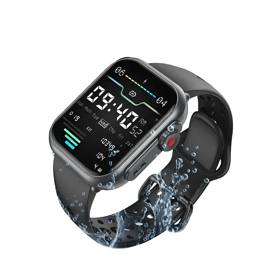Black amoled bluetooth smartwatch fitness tracker with sleek metallic case and perforated silicone band displaying time and metrics