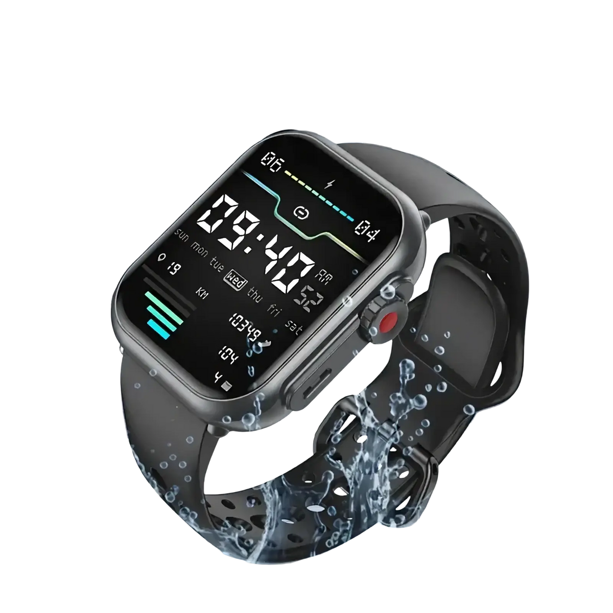Black amoled bluetooth smartwatch fitness tracker with sleek metallic case and perforated silicone band displaying time and metrics