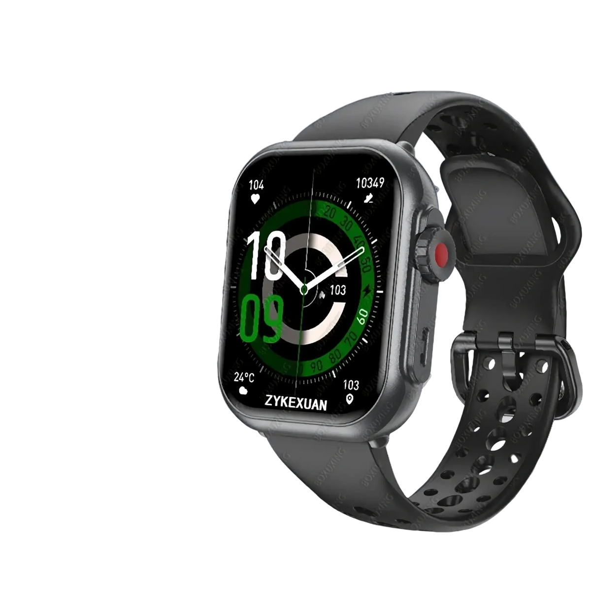Black sporty amoled bluetooth smartwatch with 1.83-inch hd screen and perforated band compatible with android and ios