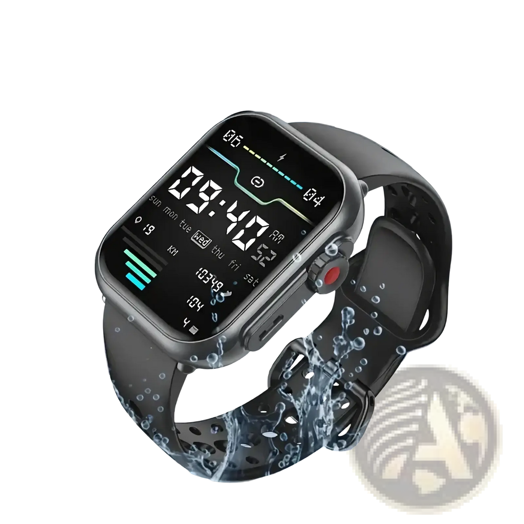 Black amoled bluetooth smartwatch fitness tracker with sleek metallic case and perforated silicone band displaying time and metrics
