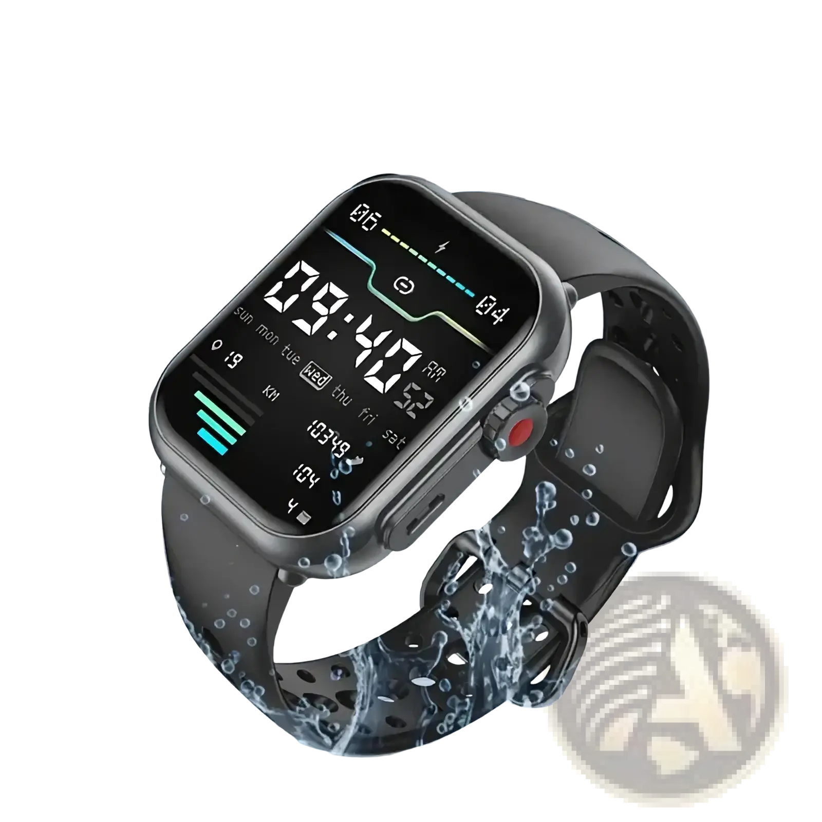 Black amoled bluetooth smartwatch fitness tracker with sleek metallic case and perforated silicone band displaying time and metrics