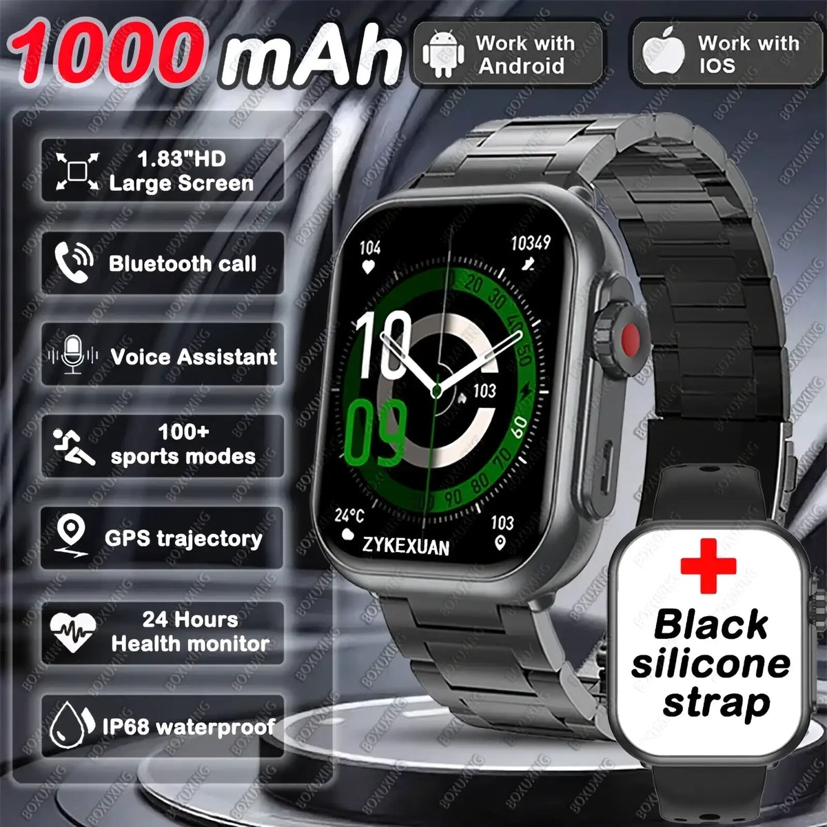 Black silicone strap for amoled bluetooth smartwatch fitness tracker with 1000mah battery and android ios compatibility