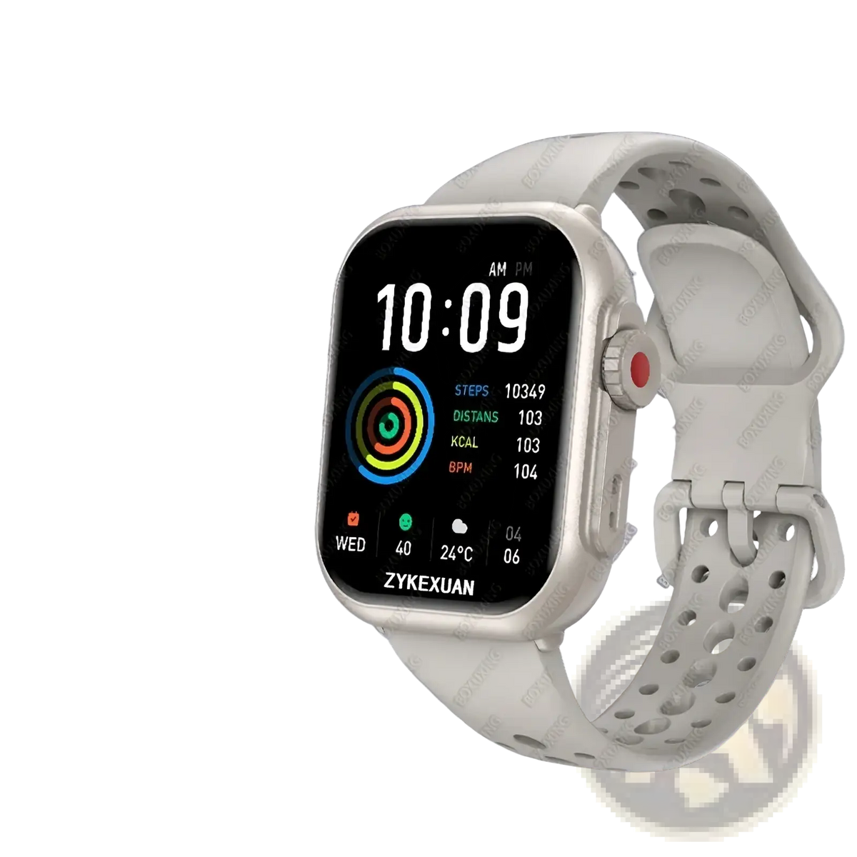White sporty amoled bluetooth smartwatch with 1.83 inch hd screen and perforated band for fitness tracking ip68 rated