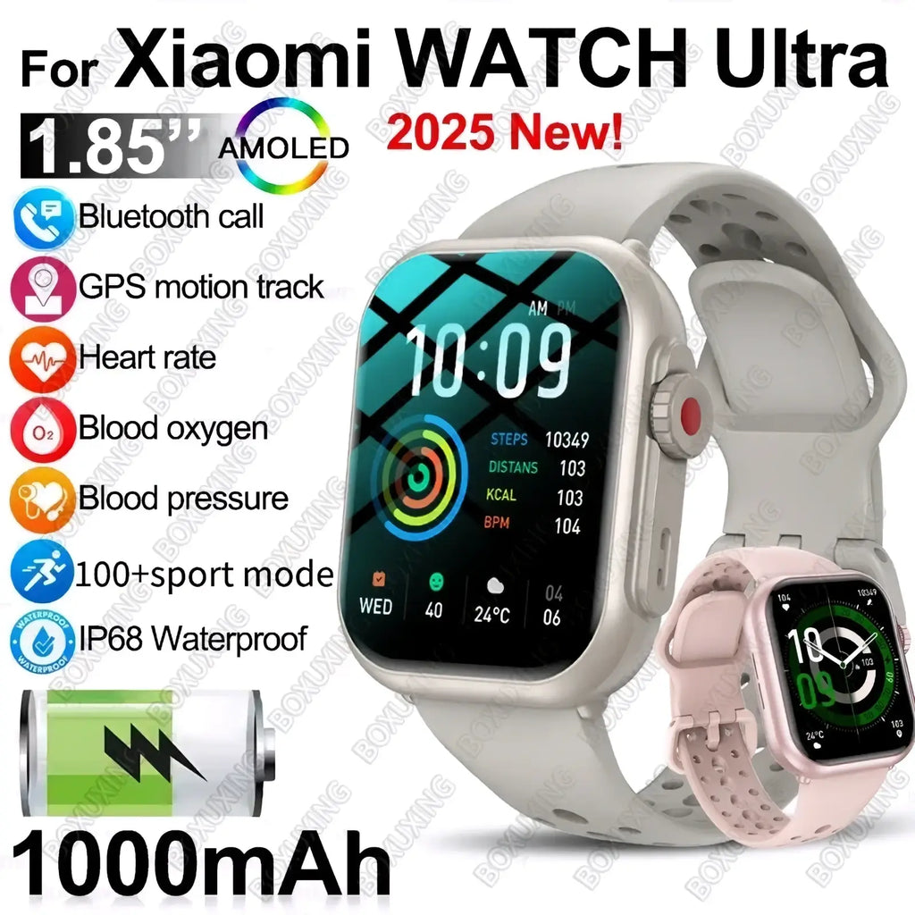 Light gray amoled bluetooth smartwatch with 1.85-inch screen and perforated silicone band for fitness tracking and xiaomi watch ultra compatibility