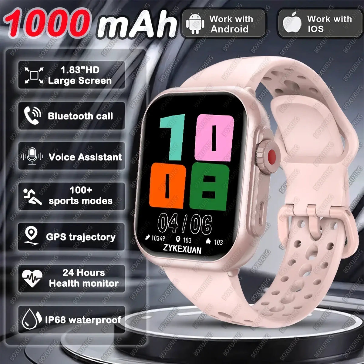 Amoled Bluetooth smartwatch fitness tracker in light pink with 1.83 inch HD screen and perforated silicone band