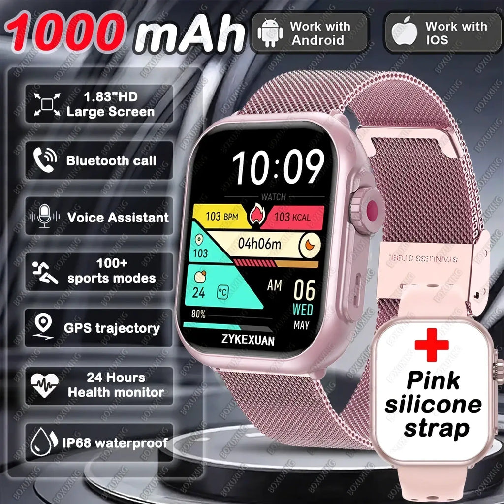 Pink silicone strap amoled bluetooth smartwatch with 1000mah battery compatible with android and ios devices
