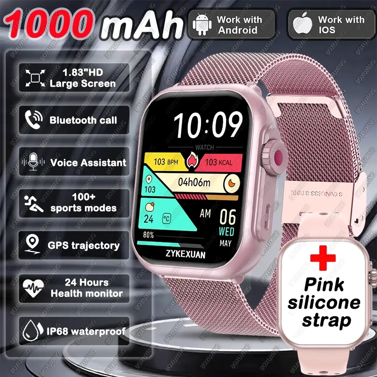 Pink silicone strap amoled bluetooth smartwatch with 1000mah battery compatible with android and ios devices