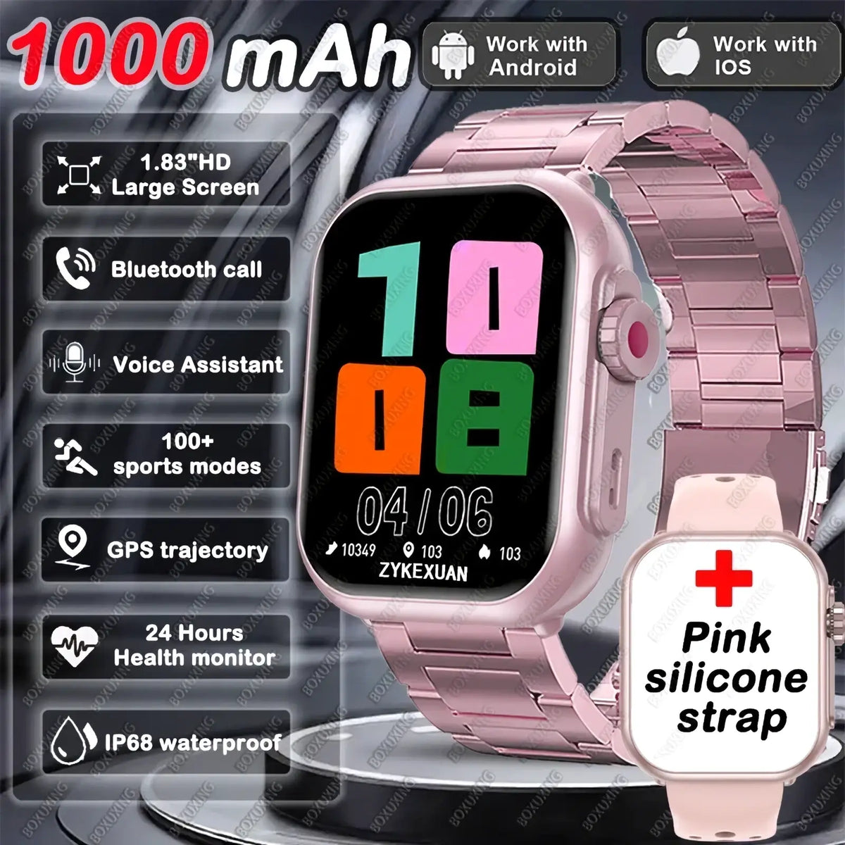 Pink metallic link bracelet amoled bluetooth smartwatch with 1.83 inch hd screen and optional pink silicone strap for android and ios