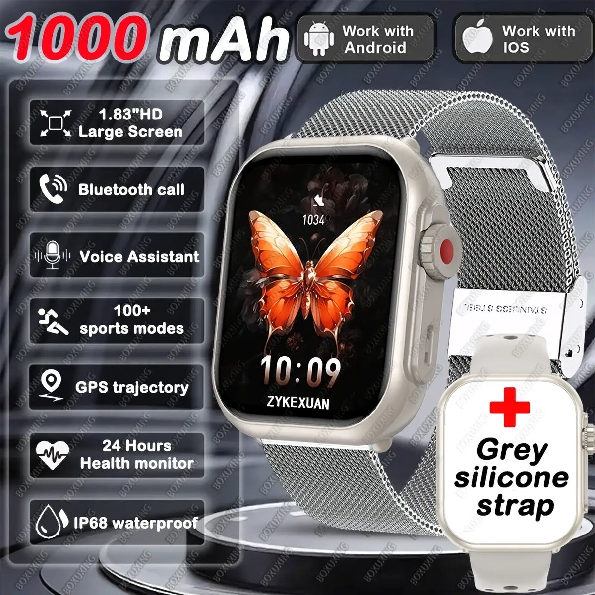 Amoled bluetooth smartwatch fitness tracker with silver mesh band 1.83 inch hd screen bluetooth call gps and grey silicone strap