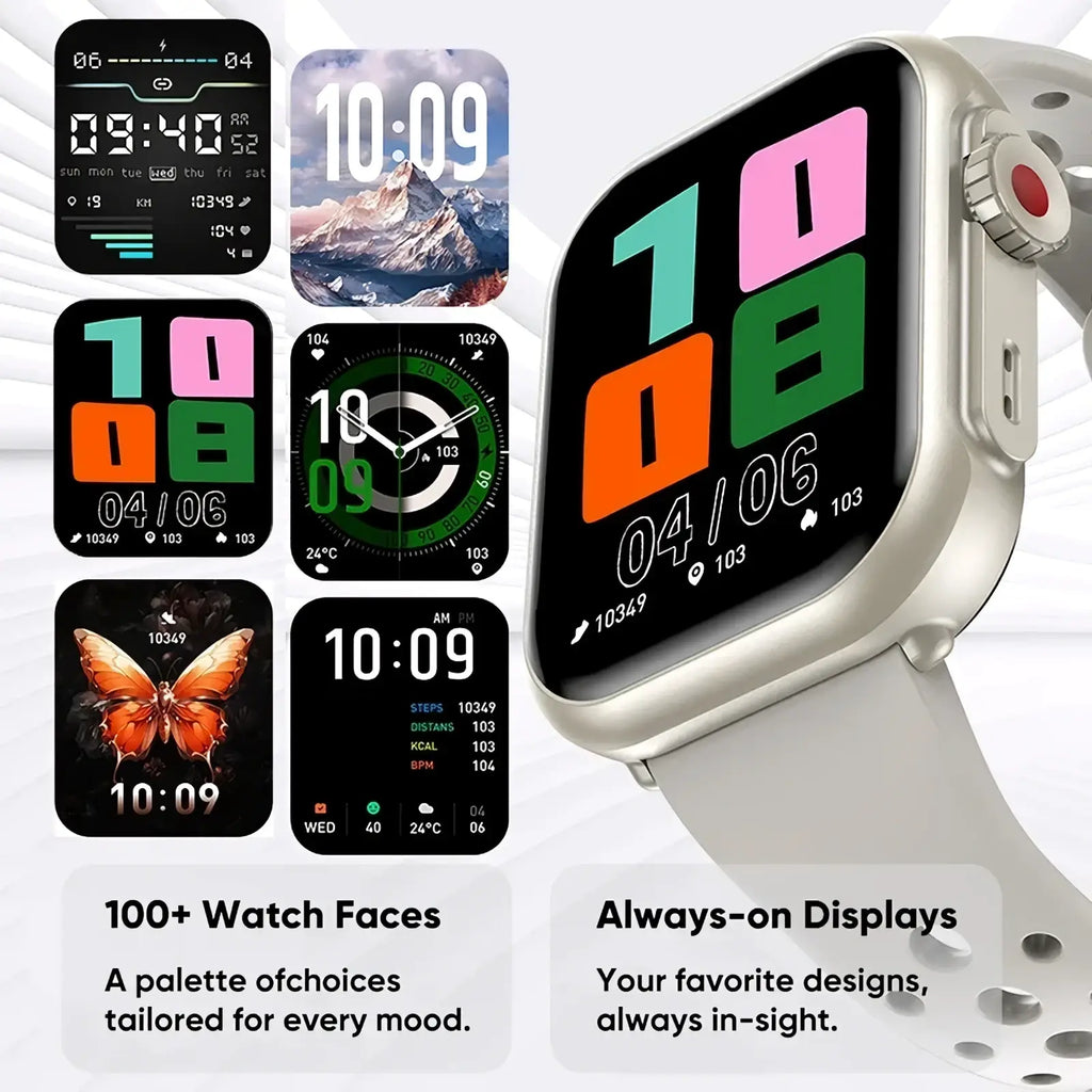 Silver amoled bluetooth smartwatch with perforated band and colorful digital fitness tracker watch faces displayed