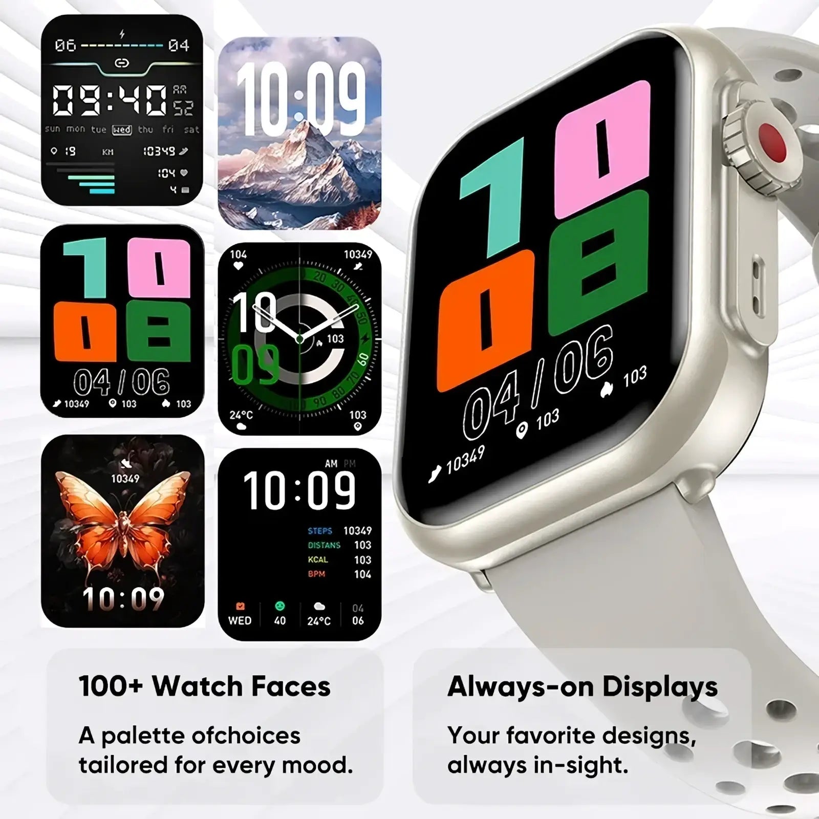Silver amoled bluetooth smartwatch with perforated band and colorful digital fitness tracker watch faces displayed