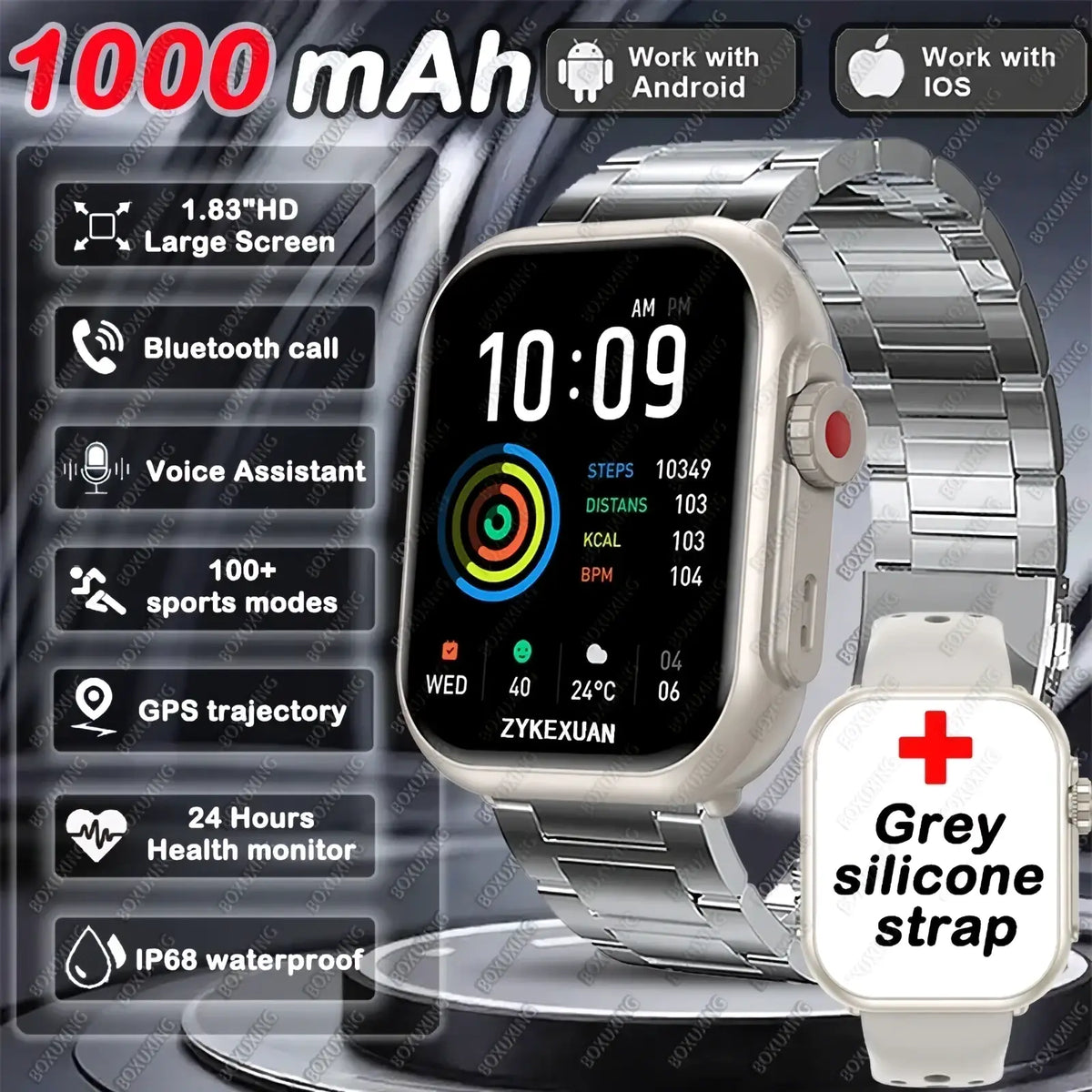 Amoled bluetooth smartwatch fitness tracker with silver metallic link band, 1000mAh battery, and grey silicone strap option