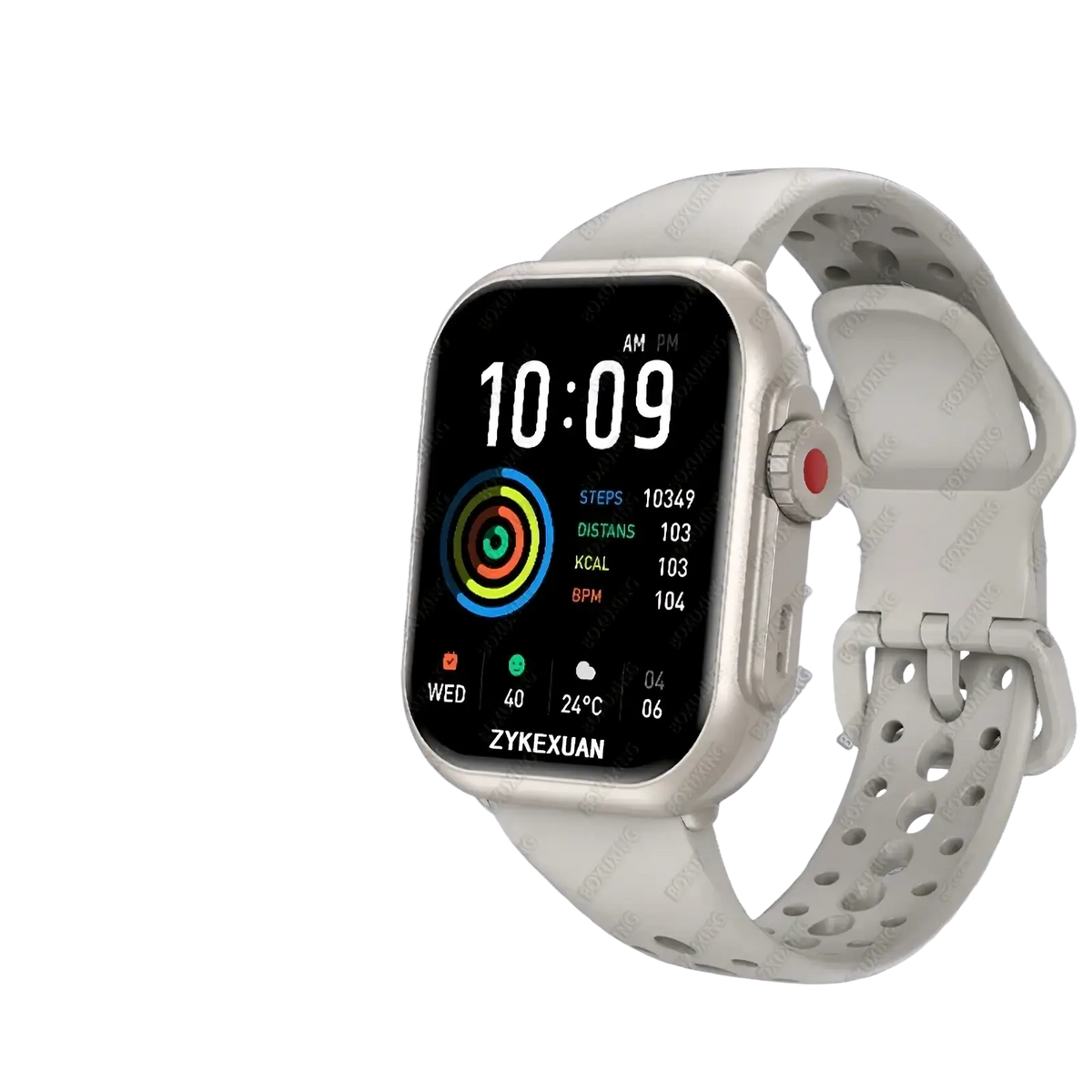 White sporty amoled bluetooth smartwatch with 1.83 inch hd screen and perforated band for fitness tracking ip68 rated