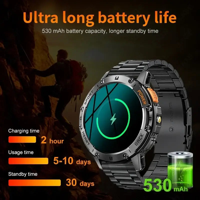 Black metal-link amoled smart watch with heart rate detection green battery icon and orange power button on screen