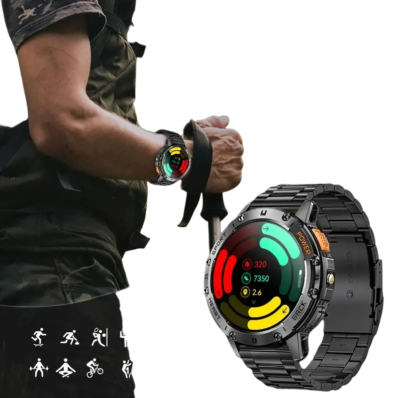 Black metal-link amoled smart watch with colorful circular digital display featuring heart rate detection and fitness metrics