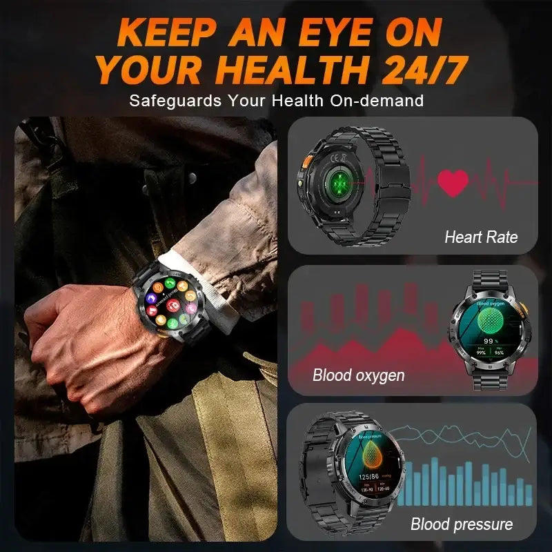 Black metallic amoled smart watch with heart rate detection and circular display showing multiple health metrics