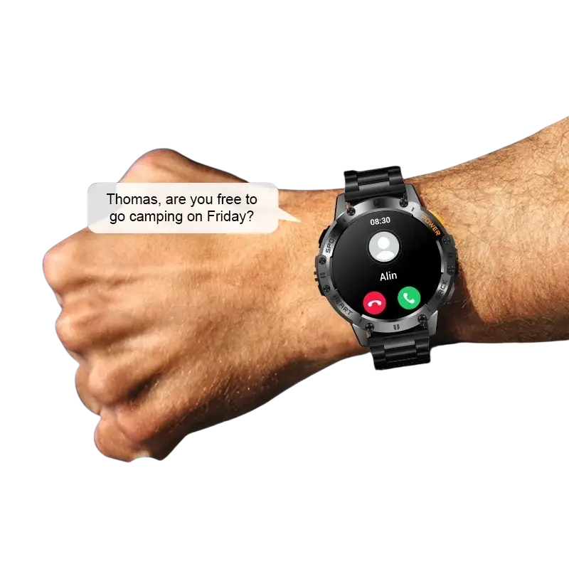 Black metallic amoled smart watch with circular touchscreen and physical buttons featuring heart rate detection
