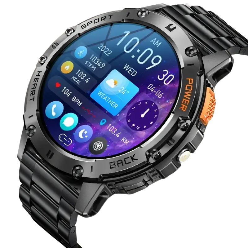 Black metallic amoled smart watch with heart rate detection and orange accent buttons featuring a vibrant purple blue display