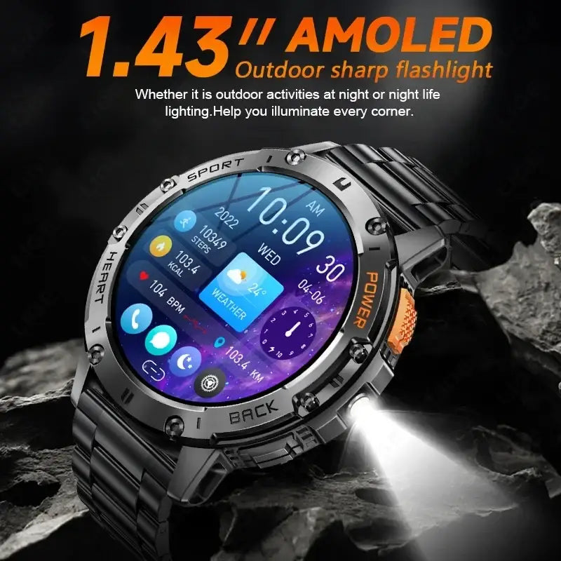 Black metallic amoled smart watch with 1.43 inch screen orange side button and heart rate detection functionality