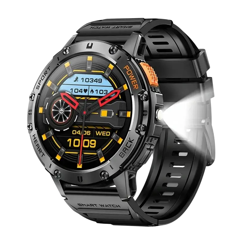 A black and orange amoled smart watch with heart rate detection and rugged metallic bezel displaying fitness metrics