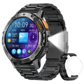 Black stainless steel amoled smart watch with vibrant purple touchscreen and orange power button featuring heart rate detection