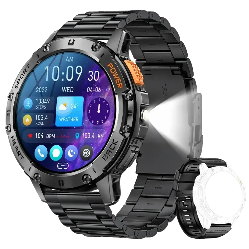 Black stainless steel amoled smart watch with vibrant purple touchscreen and orange power button featuring heart rate detection