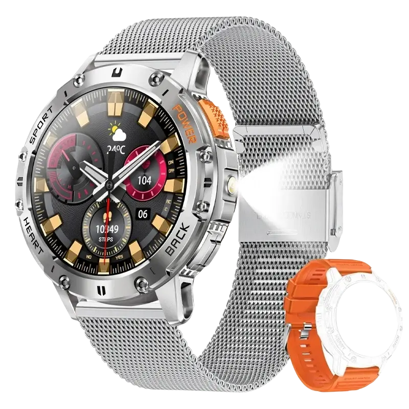 Amoled smart watch with heart rate detection featuring a silver mesh band black dial gold-tone accents and orange power button
