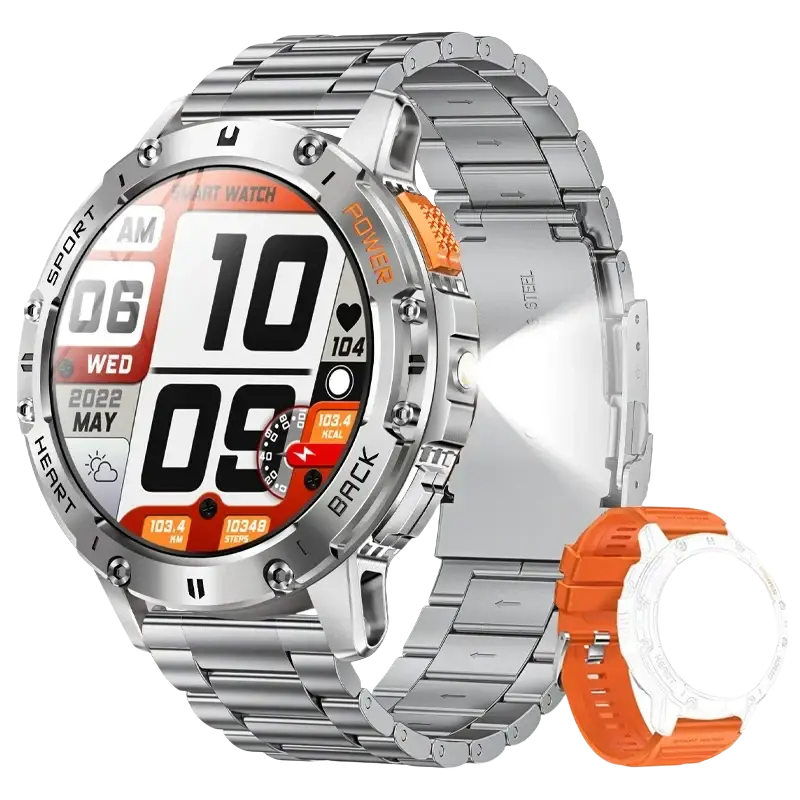 Amoled smart watch with heart rate detection silver stainless steel case and orange silicone strap showing health metrics