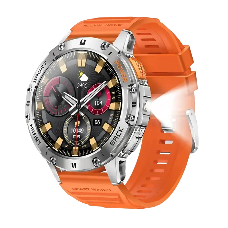 Amoled smart watch with heart rate detection featuring a vibrant orange silicone strap and black dial with gold markers