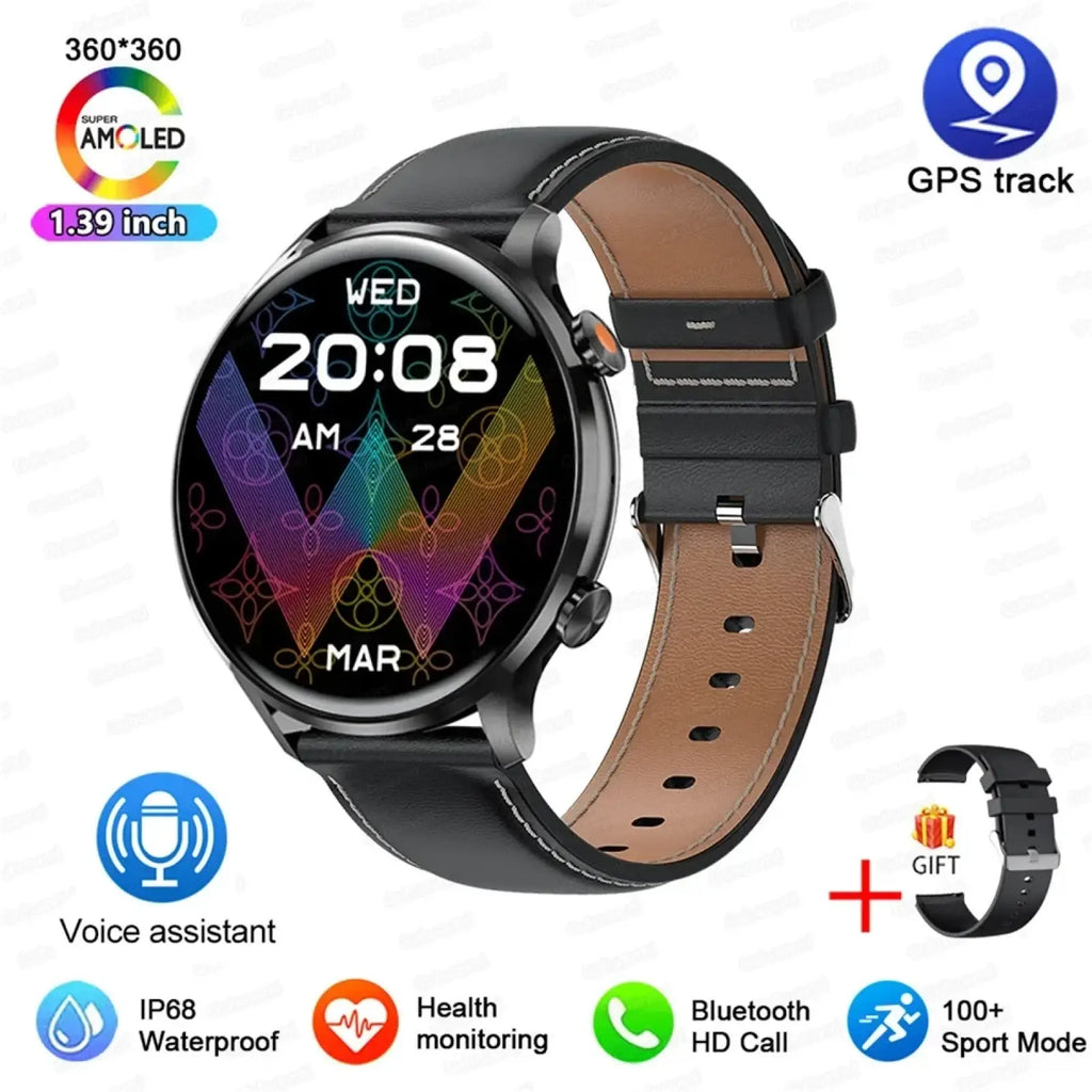 Black amoled smartwatch with 1.39 inch super amoled screen, brown leather strap, gps tracking, and health monitoring features