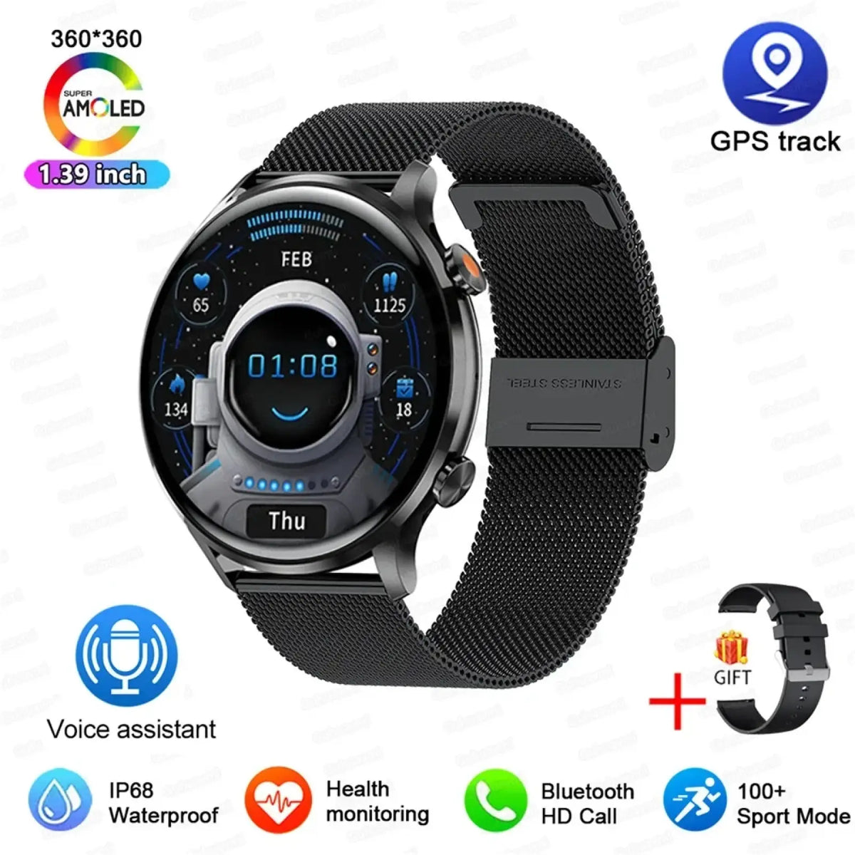 Amoled smartwatch with black stainless steel mesh band 1.39-inch super amoled display and gps tracking features