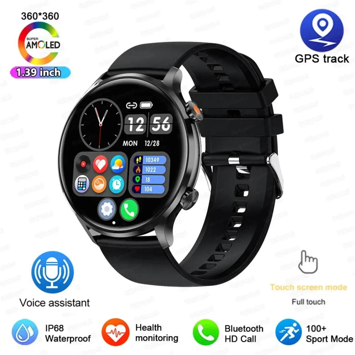 Black amoled smartwatch with 1.39-inch super amoled screen, black silicone strap, gps tracking, and health monitoring features